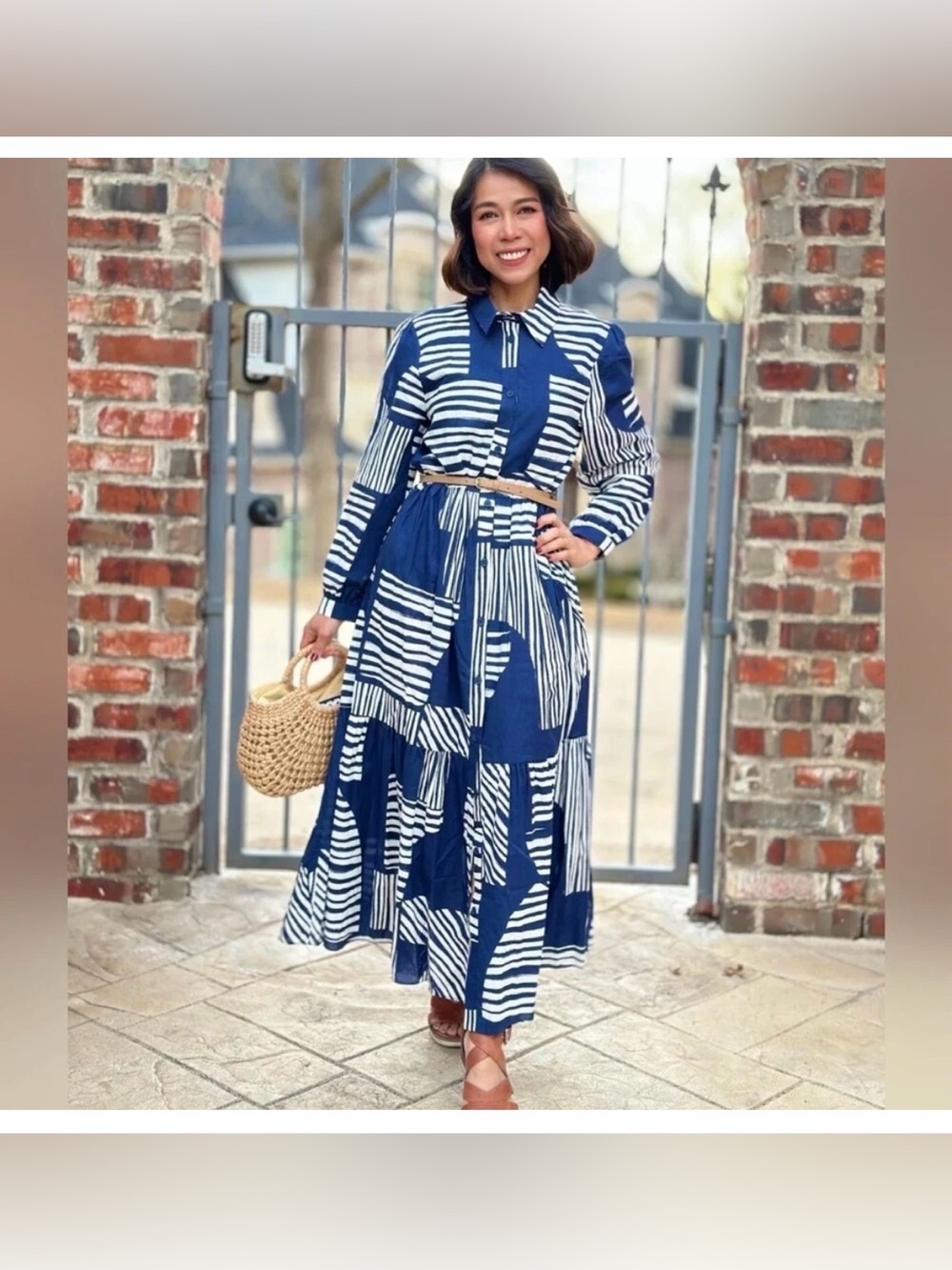 ZARA 100% Cotton Stripe Maxi shirt dress Long sleeves collar M Blue